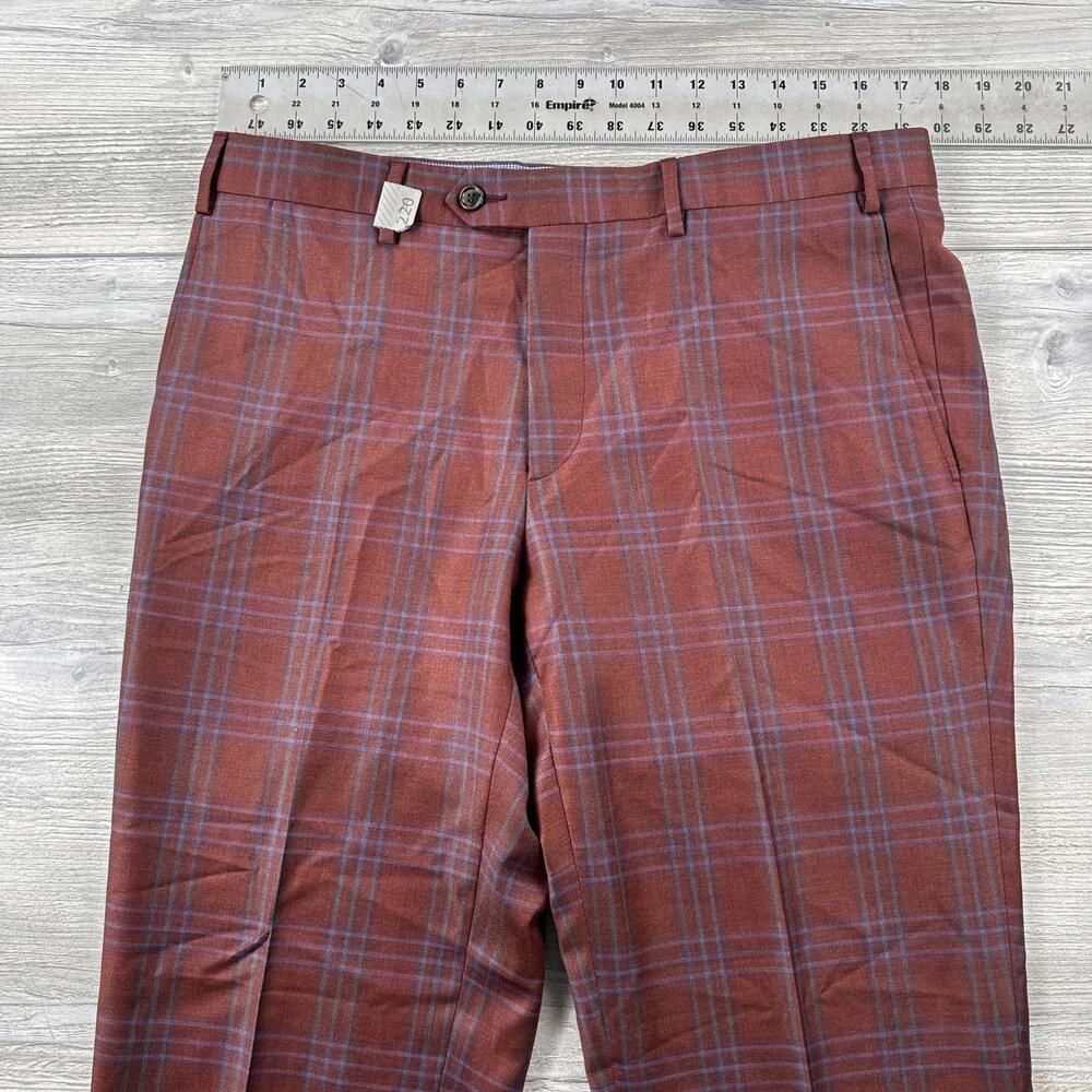 Satore Dress Pants Mens 35x30 Red Orange Check Plaid Reda Super 130's Wool - Picture 3 of 8